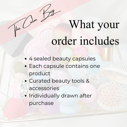 Übersicht zum Bestellinhalt der Calm Bag – versiegelte Beauty-Kapseln mit jeweils einem zufällig gezogenen Produkt.