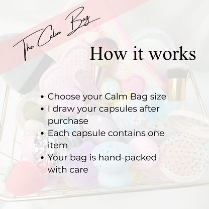 Erklärung des Bestellablaufs der Calm Bag – Größe wählen, Kapseln werden nach Kauf zufällig gezogen und handverpackt.